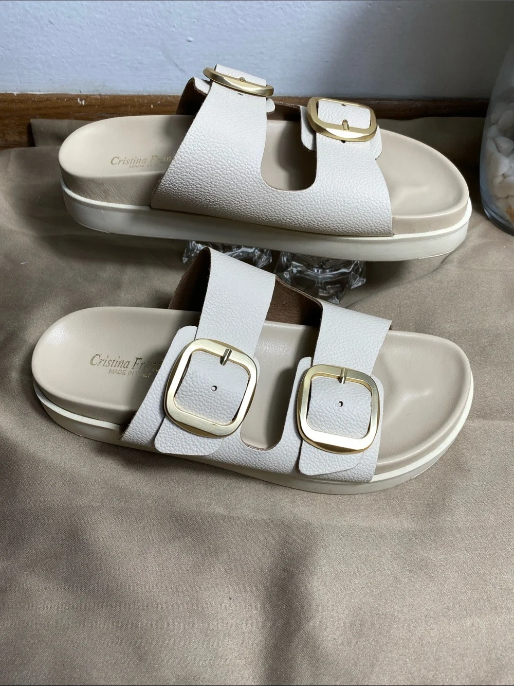 Cristina Francini White Leather Double Buckle Slide Sandals Size 7.5